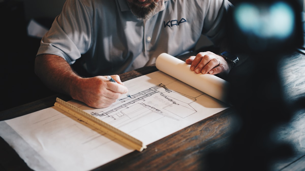 A person in a grey shirt sketches architectural plans on a large paper with a pencil, using a ruler, at a wooden desk.