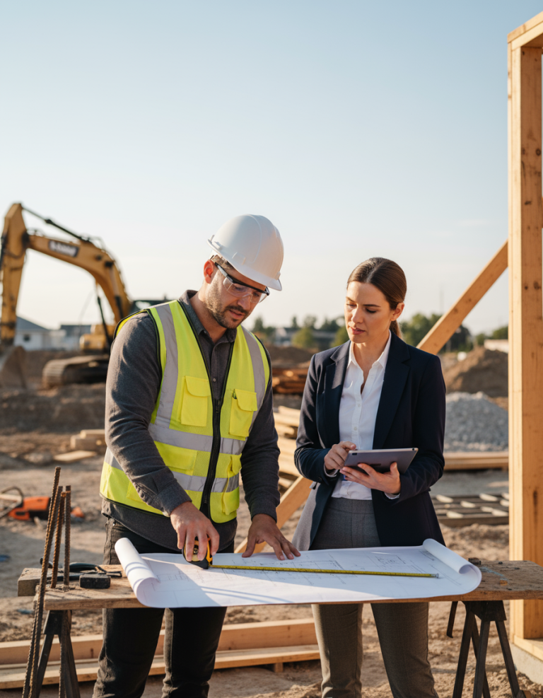 A construction worker in a safety vest and hard hat discusses blueprints with a woman on a busy construction site.